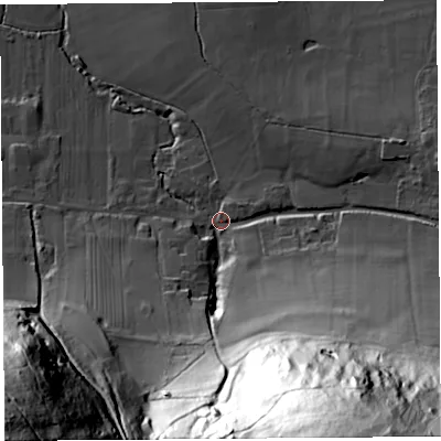 Shaded relief map of the ground around BS405DH, computed from Environment Agency LiDAR. The ground here sits at about 37 m above sea level and falls 116 m across the surrounding 800 m. Surface water reaching this point runs off ground lying to the south-south-east, 108.8 m higher.