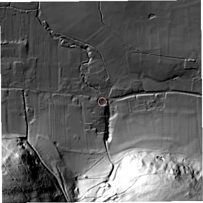 Shaded relief map of the ground around BS405DN, computed from Environment Agency LiDAR. The ground here sits at about 37 m above sea level and falls 119 m across the surrounding 800 m. Surface water reaching this point runs off ground lying to the south-south-east, 111.1 m higher.