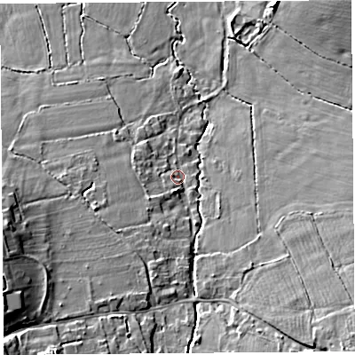 Shaded relief map of the ground around BS405HJ, computed from Environment Agency LiDAR. The ground here sits at about 20 m above sea level and falls 15 m across the surrounding 800 m. Surface water reaching this point runs off ground lying to the south-west, 11.4 m higher.