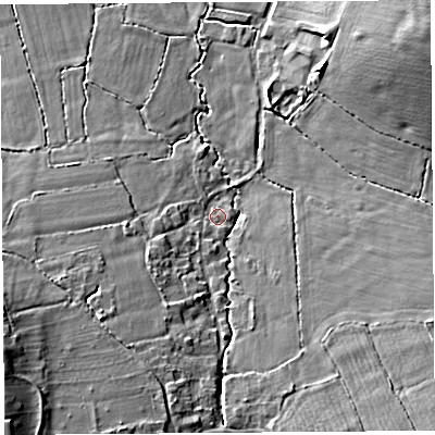 Shaded relief map of the ground around BS405HP, computed from Environment Agency LiDAR. The ground here sits at about 19 m above sea level and falls 14 m across the surrounding 800 m. Surface water reaching this point runs off ground lying to the west-south-west, 2.8 m higher.