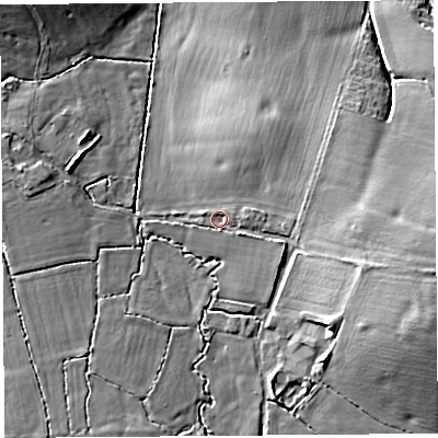 Shaded relief map of the ground around BS405HT, computed from Environment Agency LiDAR. The ground here sits at about 16 m above sea level and falls 16 m across the surrounding 800 m. Surface water reaching this point runs off ground lying to the east, 9.4 m higher.