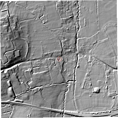 Shaded relief map of the ground around BS405HU, computed from Environment Agency LiDAR. The ground here sits at about 23 m above sea level and falls 14 m across the surrounding 800 m. Surface water reaching this point runs off ground lying to the west-south-west, 9.5 m higher.
