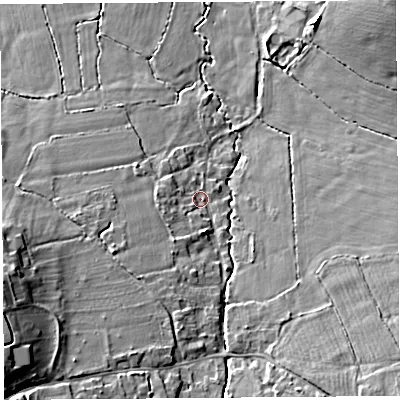 Shaded relief map of the ground around BS405HW, computed from Environment Agency LiDAR. The ground here sits at about 19 m above sea level and falls 16 m across the surrounding 800 m. Surface water reaching this point runs off ground lying to the south-west, 12.0 m higher.