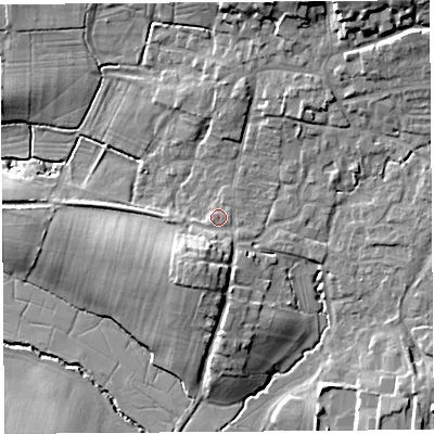 Shaded relief map of the ground around BS405JY, computed from Environment Agency LiDAR. The ground here sits at about 17 m above sea level and falls 18 m across the surrounding 800 m. Surface water reaching this point runs off ground lying to the north-east, 12.6 m higher.