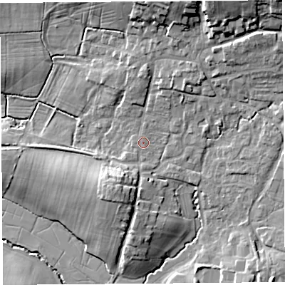 Shaded relief map of the ground around BS405LH, computed from Environment Agency LiDAR. The ground here sits at about 17 m above sea level and falls 20 m across the surrounding 800 m. The ground contributing surface water to this point lies to the north.