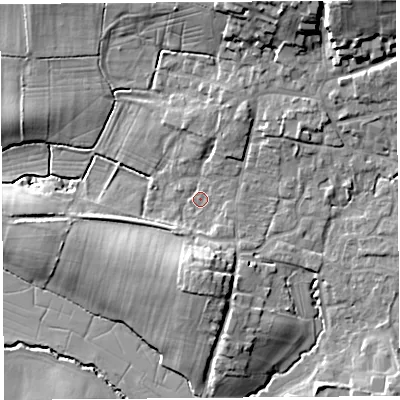Shaded relief map of the ground around BS405LJ, computed from Environment Agency LiDAR. The ground here sits at about 16 m above sea level and falls 21 m across the surrounding 800 m. Surface water reaching this point runs off ground lying to the north-east, 16.0 m higher.