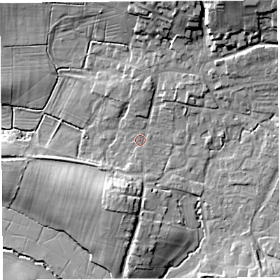 Shaded relief map of the ground around BS405LL, computed from Environment Agency LiDAR. The ground here sits at about 17 m above sea level and falls 22 m across the surrounding 800 m. Surface water reaching this point runs off ground lying to the north-north-east, 16.8 m higher.