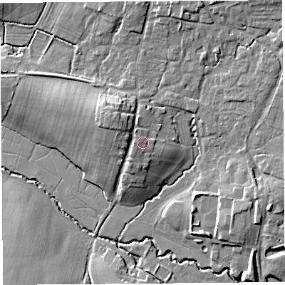 Shaded relief map of the ground around BS405LN, computed from Environment Agency LiDAR. The ground here sits at about 19 m above sea level and falls 12 m across the surrounding 800 m. Surface water reaching this point runs off ground lying to the west, 1.5 m higher.