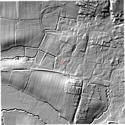 Shaded relief map of the ground around BS405LS, computed from Environment Agency LiDAR. The ground here sits at about 15 m above sea level and falls 22 m across the surrounding 800 m. Surface water reaching this point runs off ground lying to the north-north-east, 2.4 m higher.