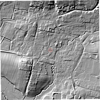 Shaded relief map of the ground around BS405LX, computed from Environment Agency LiDAR. The ground here sits at about 17 m above sea level and falls 21 m across the surrounding 800 m. Surface water reaching this point runs off ground lying to the north, 2.5 m higher.