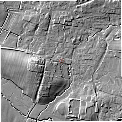 Shaded relief map of the ground around BS405LY, computed from Environment Agency LiDAR. The ground here sits at about 17 m above sea level and falls 16 m across the surrounding 800 m. Surface water reaching this point runs off ground lying to the west-south-west, 3.2 m higher.