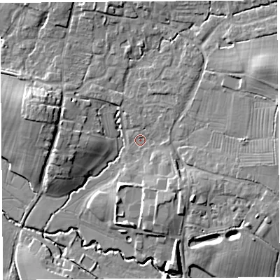 Shaded relief map of the ground around BS405LZ, computed from Environment Agency LiDAR. The ground here sits at about 16 m above sea level and falls 15 m across the surrounding 800 m. Surface water reaching this point runs off ground lying to the east-north-east, 10.4 m higher.