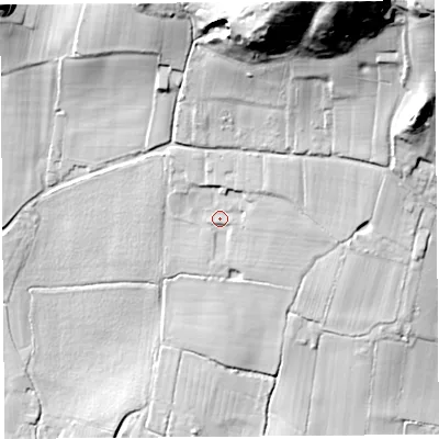 Shaded relief map of the ground around BS405NU, computed from Environment Agency LiDAR. The ground here sits at about 28 m above sea level and falls 84 m across the surrounding 800 m. Surface water reaching this point runs off ground lying to the north-north-east, 7.7 m higher.
