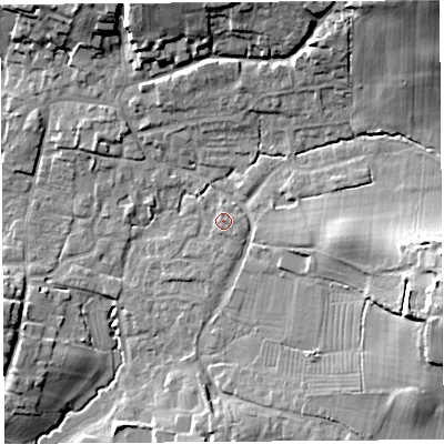 Shaded relief map of the ground around BS405PD, computed from Environment Agency LiDAR. The ground here sits at about 19 m above sea level and falls 29 m across the surrounding 800 m. Surface water reaching this point runs off ground lying to the east-north-east, 1.0 m higher.