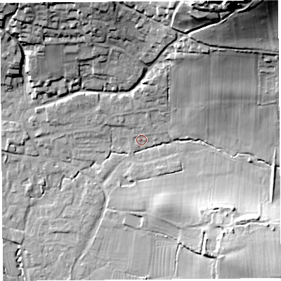 Shaded relief map of the ground around BS405PG, computed from Environment Agency LiDAR. The ground here sits at about 21 m above sea level and falls 53 m across the surrounding 800 m. Surface water reaching this point runs off ground lying to the north-north-east, 11.6 m higher.