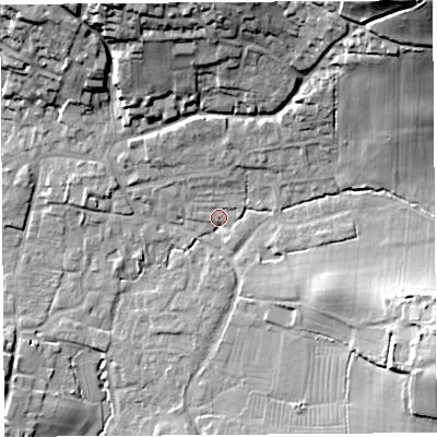 Shaded relief map of the ground around BS405QG, computed from Environment Agency LiDAR. The ground here sits at about 20 m above sea level and falls 41 m across the surrounding 800 m. Surface water reaching this point runs off ground lying to the north-east, 13.2 m higher.