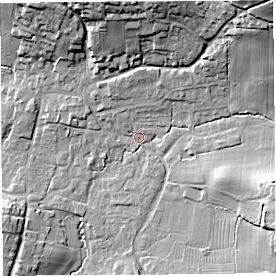 Shaded relief map of the ground around BS405QL, computed from Environment Agency LiDAR. The ground here sits at about 19 m above sea level and falls 37 m across the surrounding 800 m. Surface water reaching this point runs off ground lying to the north, 3.2 m higher.