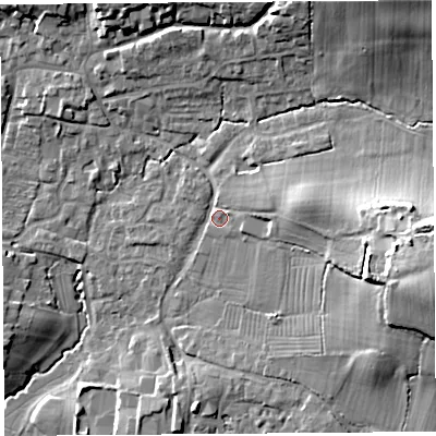Shaded relief map of the ground around BS405QN, computed from Environment Agency LiDAR. The ground here sits at about 19 m above sea level and falls 24 m across the surrounding 800 m. Surface water reaching this point runs off ground lying to the east, 7.6 m higher.