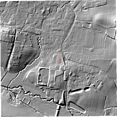 Shaded relief map of the ground around BS405QP, computed from Environment Agency LiDAR. The ground here sits at about 17 m above sea level and falls 18 m across the surrounding 800 m. Surface water reaching this point runs off ground lying to the east, 1.5 m higher.