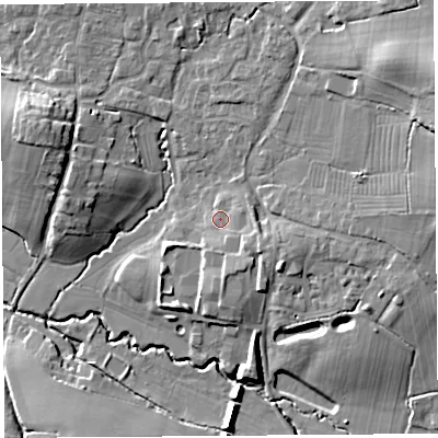 Shaded relief map of the ground around BS405QR, computed from Environment Agency LiDAR. The ground here sits at about 17 m above sea level and falls 15 m across the surrounding 800 m. Surface water reaching this point runs off ground lying to the south-east, 3.7 m higher.