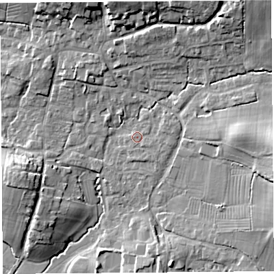 Shaded relief map of the ground around BS405QT, computed from Environment Agency LiDAR. The ground here sits at about 18 m above sea level and falls 24 m across the surrounding 800 m. Surface water reaching this point runs off ground lying to the east-north-east, 1.7 m higher.