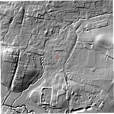 Shaded relief map of the ground around BS405QW, computed from Environment Agency LiDAR. The ground here sits at about 17 m above sea level and falls 16 m across the surrounding 800 m. Surface water reaching this point runs off ground lying to the east-north-east, 1.3 m higher.