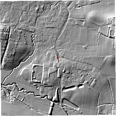 Shaded relief map of the ground around BS405QX, computed from Environment Agency LiDAR. The ground here sits at about 17 m above sea level and falls 20 m across the surrounding 800 m. Surface water reaching this point runs off ground lying to the east, 5.0 m higher.