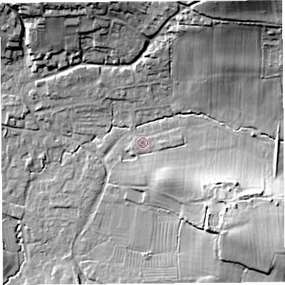 Shaded relief map of the ground around BS405RR, computed from Environment Agency LiDAR. The ground here sits at about 21 m above sea level and falls 38 m across the surrounding 800 m. Surface water reaching this point runs off ground lying to the east, 1.7 m higher.