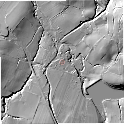 Shaded relief map of the ground around BS406AN, computed from Environment Agency LiDAR. The ground here sits at about 81 m above sea level and falls 65 m across the surrounding 800 m. Surface water reaching this point runs off ground lying to the south-south-west, 2.9 m higher.