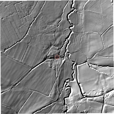 Shaded relief map of the ground around BS406BJ, computed from Environment Agency LiDAR. The ground here sits at about 63 m above sea level and falls 20 m across the surrounding 800 m. Surface water reaching this point runs off ground lying to the south-west, 12.0 m higher.