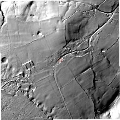 Shaded relief map of the ground around BS406BZ, computed from Environment Agency LiDAR. The ground here sits at about 211 m above sea level and falls 108 m across the surrounding 800 m. Surface water reaching this point runs off ground lying to the south-west, 53.5 m higher.