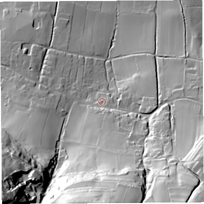 Shaded relief map of the ground around BS406JA, computed from Environment Agency LiDAR. The ground here sits at about 96 m above sea level and falls 129 m across the surrounding 800 m. Surface water reaching this point runs off ground lying to the south, 74.7 m higher.