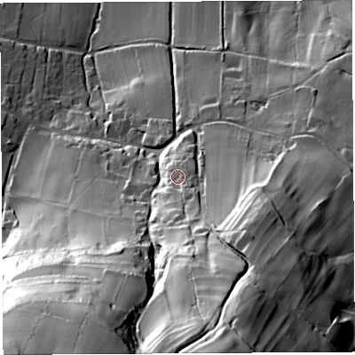 Shaded relief map of the ground around BS406JJ, computed from Environment Agency LiDAR. The ground here sits at about 116 m above sea level and falls 118 m across the surrounding 800 m. Surface water reaching this point runs off ground lying to the south, 19.3 m higher.
