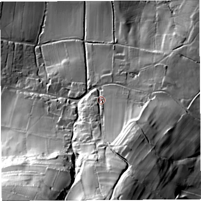 Shaded relief map of the ground around BS406JL, computed from Environment Agency LiDAR. The ground here sits at about 111 m above sea level and falls 109 m across the surrounding 800 m. Surface water reaching this point runs off ground lying to the south, 60.5 m higher.