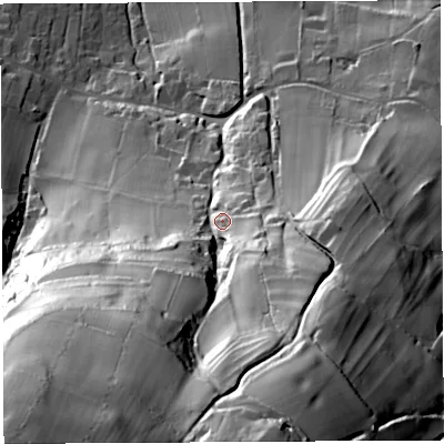 Shaded relief map of the ground around BS406JP, computed from Environment Agency LiDAR. The ground here sits at about 126 m above sea level and falls 133 m across the surrounding 800 m. Surface water reaching this point runs off ground lying to the south-south-west, 87.9 m higher.