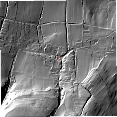Shaded relief map of the ground around BS406JQ, computed from Environment Agency LiDAR. The ground here sits at about 102 m above sea level and falls 111 m across the surrounding 800 m. Surface water reaching this point runs off ground lying to the south-south-west, 79.3 m higher.
