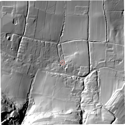 Shaded relief map of the ground around BS406NA, computed from Environment Agency LiDAR. The ground here sits at about 93 m above sea level and falls 116 m across the surrounding 800 m. Surface water reaching this point runs off ground lying to the south, 61.1 m higher.