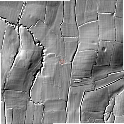 Shaded relief map of the ground around BS406NE, computed from Environment Agency LiDAR. The ground here sits at about 70 m above sea level and falls 25 m across the surrounding 800 m. Surface water reaching this point runs off ground lying to the south-south-west, 5.9 m higher.