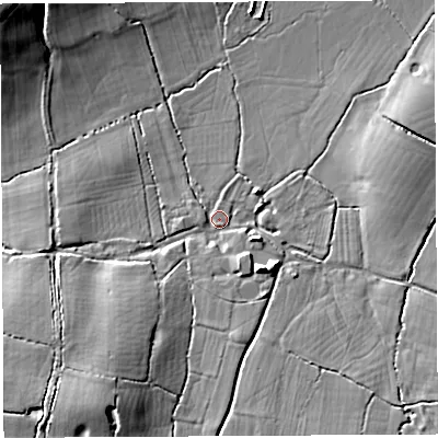 Shaded relief map of the ground around BS406NF, computed from Environment Agency LiDAR. The ground here sits at about 59 m above sea level and falls 16 m across the surrounding 800 m. Surface water reaching this point runs off ground lying to the south-south-west, 10.9 m higher.