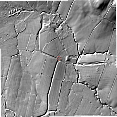 Shaded relief map of the ground around BS406PT, computed from Environment Agency LiDAR. The ground here sits at about 50 m above sea level and falls 38 m across the surrounding 800 m. Surface water reaching this point runs off ground lying to the south-south-west, 7.4 m higher.