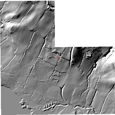 Shaded relief map of the ground around BS406PU, computed from Environment Agency LiDAR. The ground here sits at about 58 m above sea level and falls 62 m across the surrounding 800 m. Surface water reaching this point runs off ground lying to the north-east, 14.4 m higher.