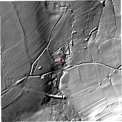 Shaded relief map of the ground around BS407AF, computed from Environment Agency LiDAR. The ground here sits at about 43 m above sea level and falls 49 m across the surrounding 800 m. Surface water reaching this point runs off ground lying to the south-east, 37.8 m higher.