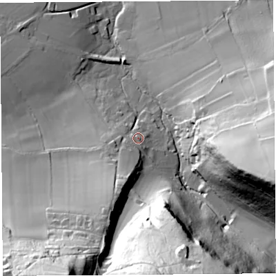 Shaded relief map of the ground around BS407AG, computed from Environment Agency LiDAR. The ground here sits at about 58 m above sea level and falls 81 m across the surrounding 800 m. Surface water reaching this point runs off ground lying to the south-south-west, 12.4 m higher.