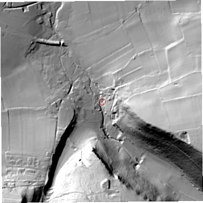 Shaded relief map of the ground around BS407AH, computed from Environment Agency LiDAR. The ground here sits at about 50 m above sea level and falls 82 m across the surrounding 800 m. Surface water reaching this point runs off ground lying to the south-west, 73.8 m higher.