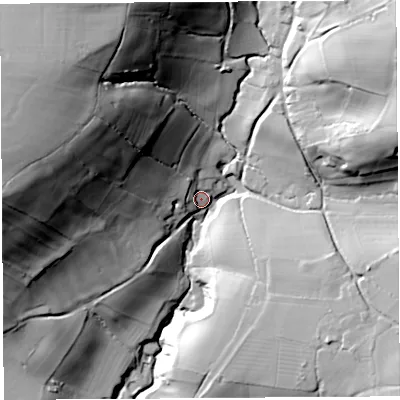 Shaded relief map of the ground around BS407UR, computed from Environment Agency LiDAR. The ground here sits at about 63 m above sea level and falls 79 m across the surrounding 800 m. Surface water reaching this point runs off ground lying to the north-west, 65.3 m higher.