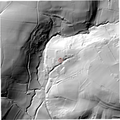 Shaded relief map of the ground around BS407UX, computed from Environment Agency LiDAR. The ground here sits at about 97 m above sea level and falls 74 m across the surrounding 800 m. Surface water reaching this point runs off ground lying to the east-south-east, 29.9 m higher.