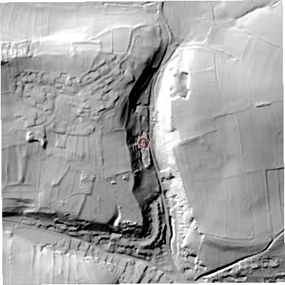 Shaded relief map of the ground around BS408AG, computed from Environment Agency LiDAR. The ground here sits at about 122 m above sea level and falls 62 m across the surrounding 800 m. Surface water reaching this point runs off ground lying to the west-north-west, 36.3 m higher.
