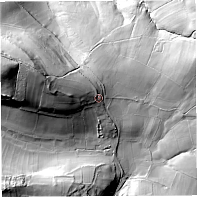 Shaded relief map of the ground around BS408AH, computed from Environment Agency LiDAR. The ground here sits at about 141 m above sea level and falls 57 m across the surrounding 800 m. Surface water reaching this point runs off ground lying to the west-north-west, 21.0 m higher.