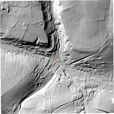Shaded relief map of the ground around BS408AS, computed from Environment Agency LiDAR. The ground here sits at about 101 m above sea level and falls 54 m across the surrounding 800 m. Surface water reaching this point runs off ground lying to the north-west, 42.5 m higher.