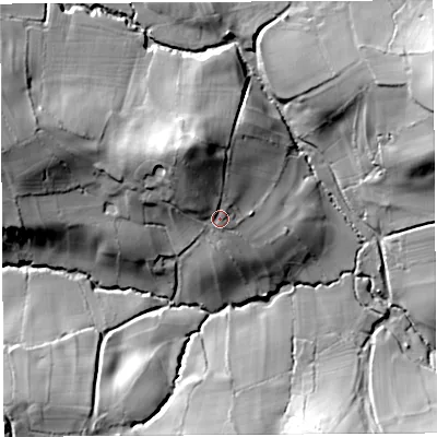 Shaded relief map of the ground around BS408BG, computed from Environment Agency LiDAR. The ground here sits at about 103 m above sea level and falls 43 m across the surrounding 800 m. Surface water reaching this point runs off ground lying to the north-west, 10.2 m higher.